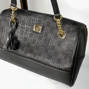 Anne Klein Black Satchel Shoulder Hand Bag Pattern Zipper Gold Chain Tassel NEW